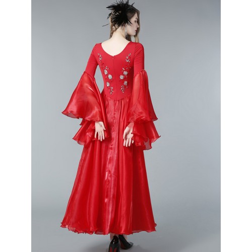 Red ballroom dancing dress for women Trumpet sleeve dance big swing skirts modern dance ballroom dance skirt waltz long dresses
